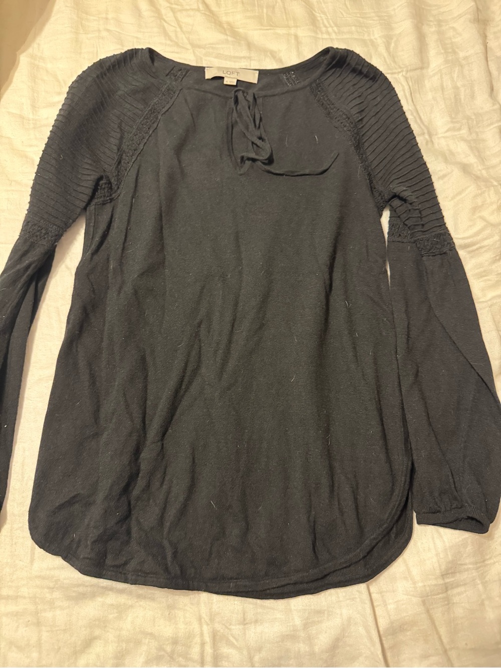 LOFT Black Long-Sleeve Knit Top with Pleated Sleeve Detail women’s